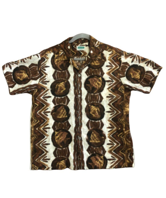 Vintage Aloha 1960s Men’s Hawaiian Aloha Shirt Malihini Hawaii Brand, Tropical Tiki Print Barkcloth Fantastic Condition Large