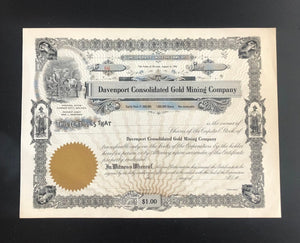 Art & Photography - Davenport Consolidated Gold Mining Company Stock Certificate Unsigned Carson City Nevada cir. 1912