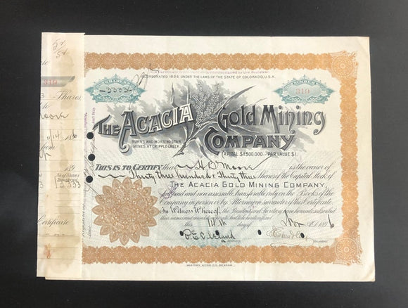 Art & Photography - Antique The Acacia Gold Mining Company Stock Shares Certificate Signed Cir. 1896