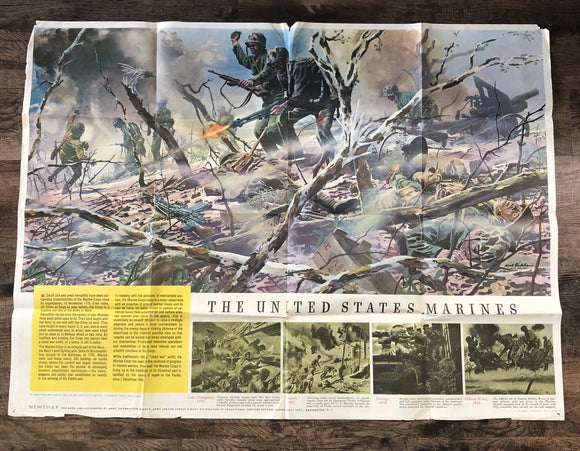 Vintage Military Rare WW2 News Poster 35” by 47” USMC Battle Imagery 2 Sided