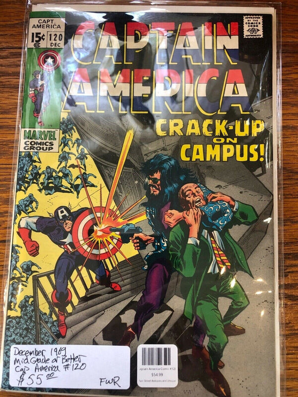 Vintage Comics Captain America #120 1969 Mylar Nice Copy Bagged And Boarded Crack Up On Campus