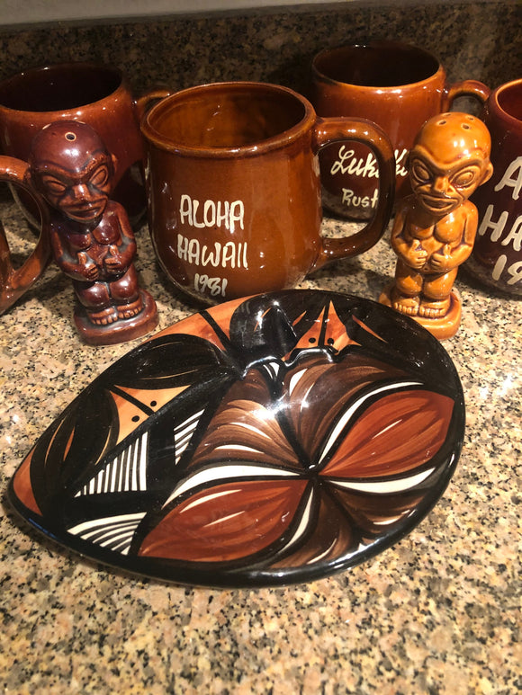 Vintage Home Decor Kapa Designs 1978 Hawaii Tiki Tapa Ashtray Fantastic Condition Great Glaze, Color & Pattern