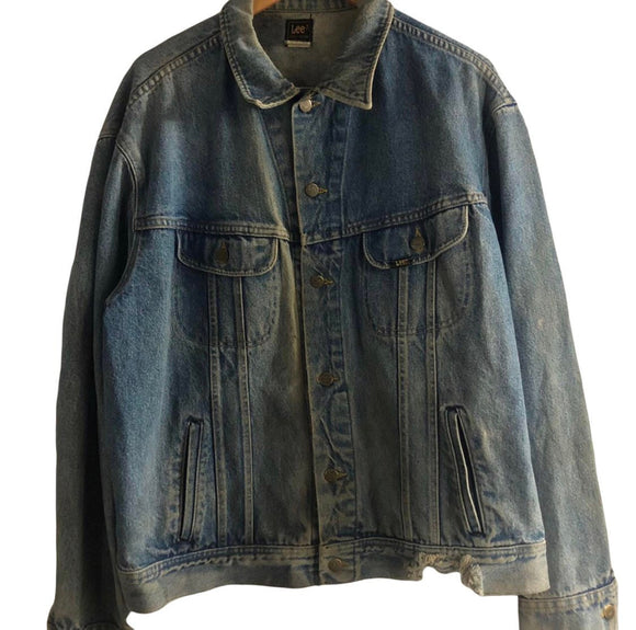Vintage Clothing Made in USA Vintage Lee Denim Jean Jacket Size XL 50 Thrashed Distressed Stained Naturally Worn American Goodness!