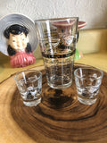 Vintage Home Decor 50s - 60s Cocktail Mixing Glass & Two Matching Shot Glasses Great Black/White Graphics 3 Piece Set