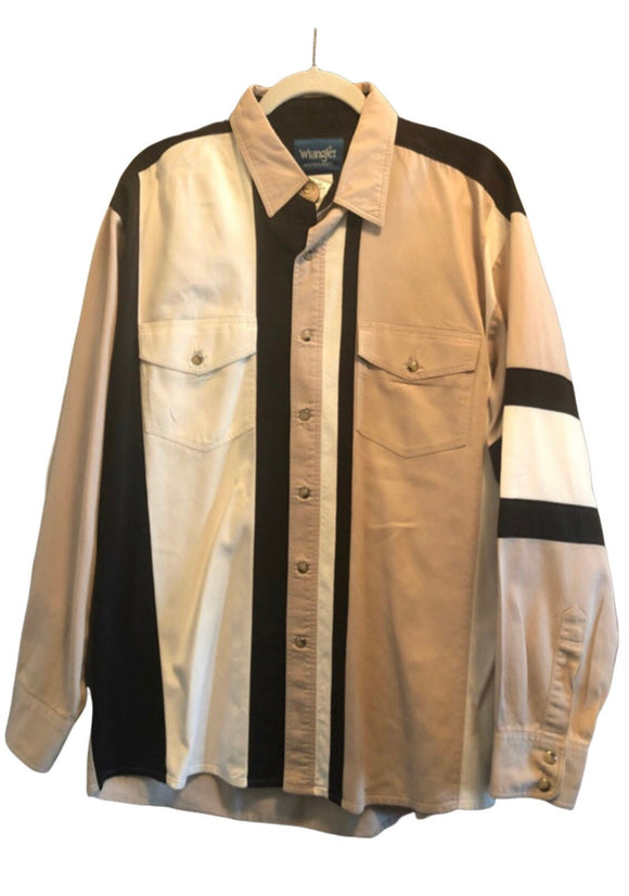 Vintage Clothing 90s Wrangler 100% Heavy Cotton Shirt Jacket Color Block Pearl Snap Large