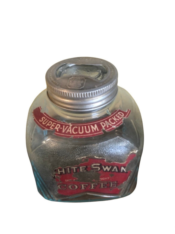 Vintage Home Decor Fantastic 1930s - 40s Art Deco White Swan Coffee Jar With Embossed 2 Part Glass Tin Lid About 4” Square