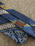 Vintage Clothing 60s - 70s Rhodia Acetate Fabulous Jewel Toned Midnight Blue Gold Silver Paisley & Diagonal Striped Necktie 3.5”