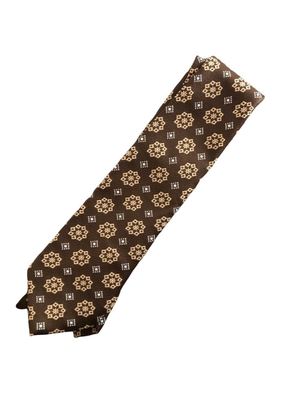 Vintage Clothing 70s Vintage Fat Poly 100% Dacron Polyester 3.75” Coco Brown & Gold Snowflake Diamond Pattern Necktie
