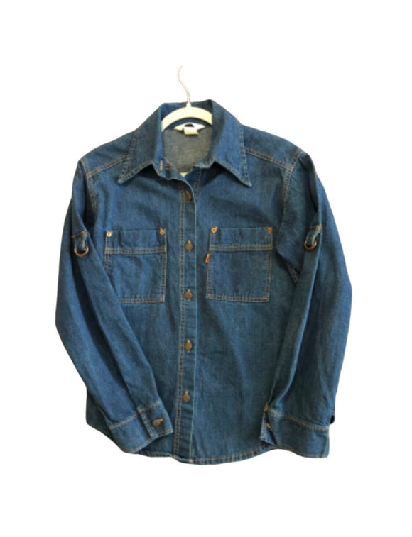 Vintage Clothing 70s Hippie Levi’s Made In USA “Big E” Orange Tab Denim Shirt Jacket. Big Wing Collars Fantastic Original Condition! Mens Small
