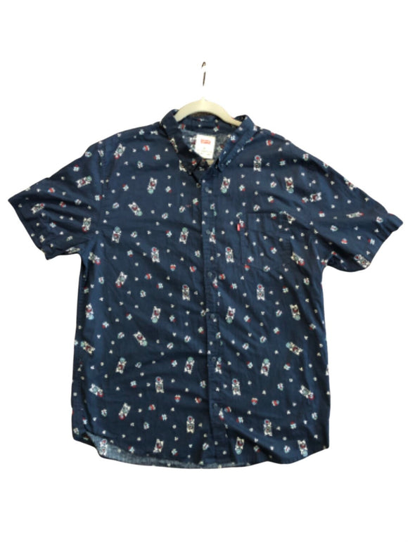 Vintage Clothing Levi’s Brand Men’s Short Sleeve Shirt Fantastic Retro Pattern & Navy-Blue Color Reminiscent Of A 50s 60s Neckerchief.