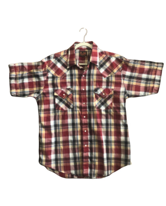 Vintage Clothing Plains Western Wear Men’s Size Large Short Sleeve Pearl Snap Shirt Chevron Pockets Shoulder Yoke Red Blue Beige Plaid