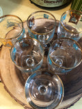 Vintage Home Decor - Set Of 6 1950s 60s Libbey Glass Company 6oz Cocktail Cordial Wine Glasses Gold & Aqua Steamboat