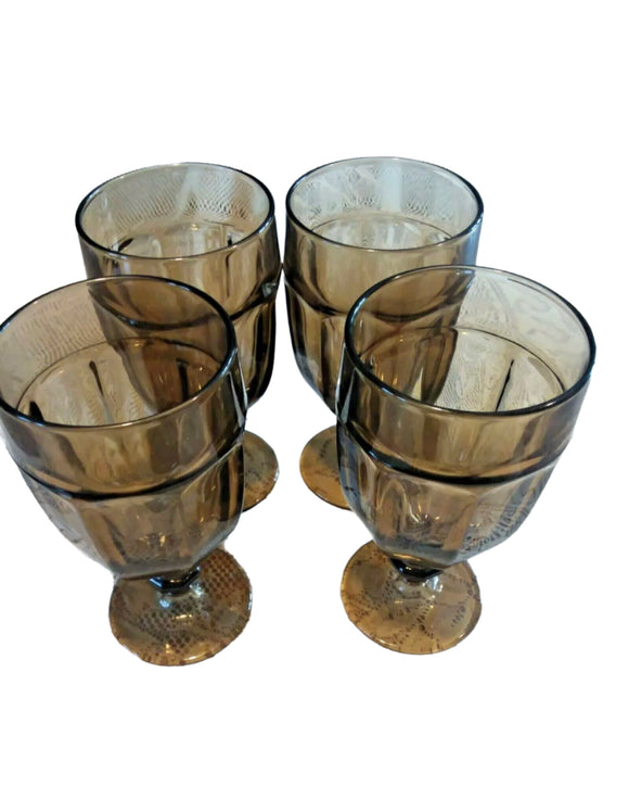 Vintage Home Decor - 4, 16 oz Libbey Gibraltar Taupe Smoked 7” Iced Tea Glasses Water Goblets Duratuff USA