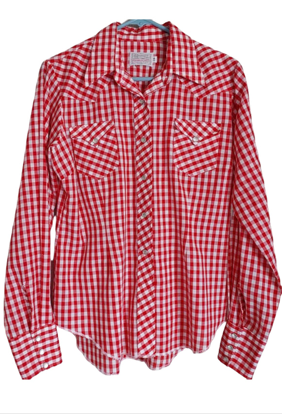 Vintage Clothing/Accessories - Men’s Pearl Snap Red Gingham Palaka Long Sleeved Western Shirt Medium H Bar C Ranchwear Made In USA