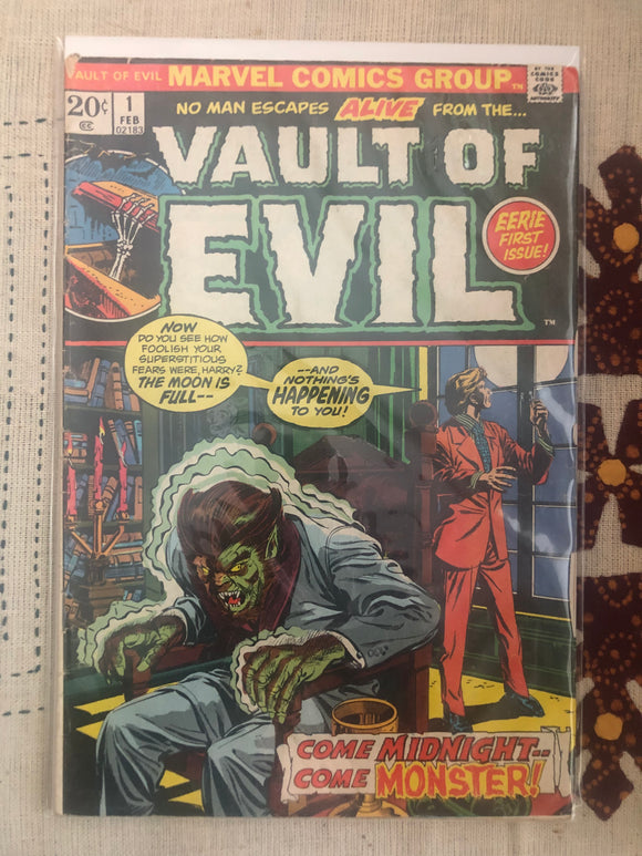 Vintage Comics - Marvel’s Vault Of Evil Number 1 February 1973 Bagged And Boarded Fantastic Cover Art NDS Insert Variant