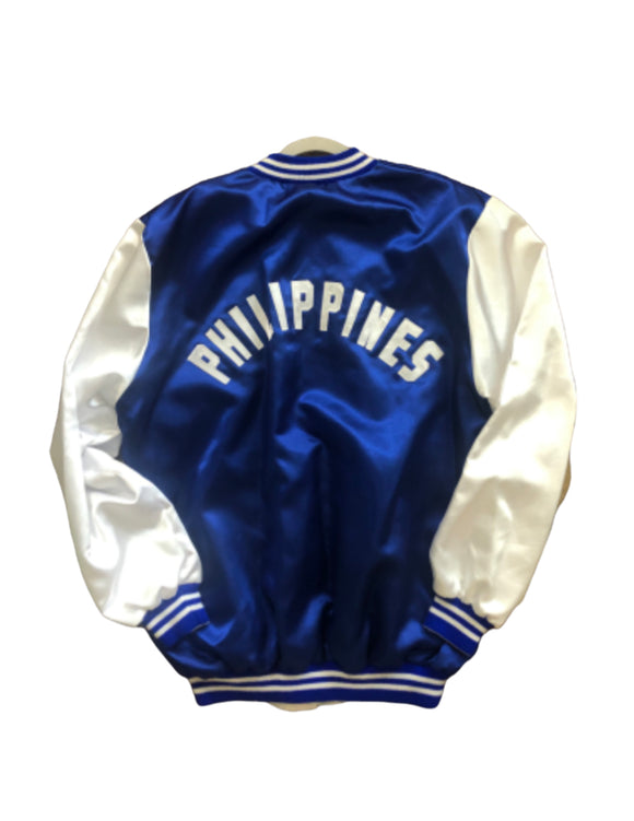 Vintage 70s 80s Size XL Satin Blue & White Philippines Military Tour Jacket “David” By Front Pocket. Philippines Embroidered On Back
