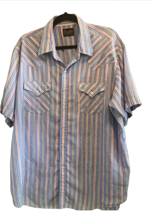 Vintage Clothing XL Pearl Snap Planes Western Ware Cotton Poly Short Sleeve Hickory Strip Pattern