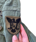 Vintage Military - 70's OG-107 Fatigue Button Up Shirt- Vietnam War Era. Signal Officer Lieutenant, Unit Patch & Combat Unit Patch