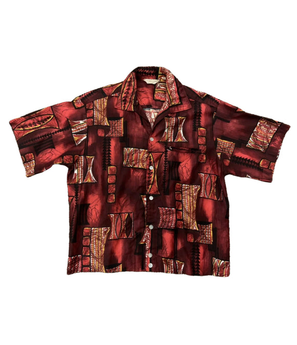 The Cabana - Rare Vintage 50s Tropicana Cotton Tiki Tapa Print Waist Length Hawaiian Aloha Shirt Size Medium
