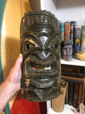 Vintage Home Decor - 90s Artist Signed Hand Carved Koa Wood Figurative Mask Thick Heavy 13.5” Tall by 7” Wide