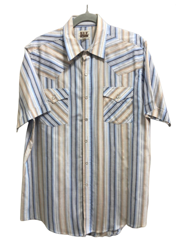 Vintage Clothing Ely Cattlemen Short Sleeve Pearl Snap Men's Shirt Size Large Shoulder Yoke Metallic Striping