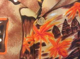 The Cabana - Label “Big Sur” Made In USA Vintage Hawaiian Aloha Camp Shirt Brown Orange Tribal Geometric Polyester 1970s