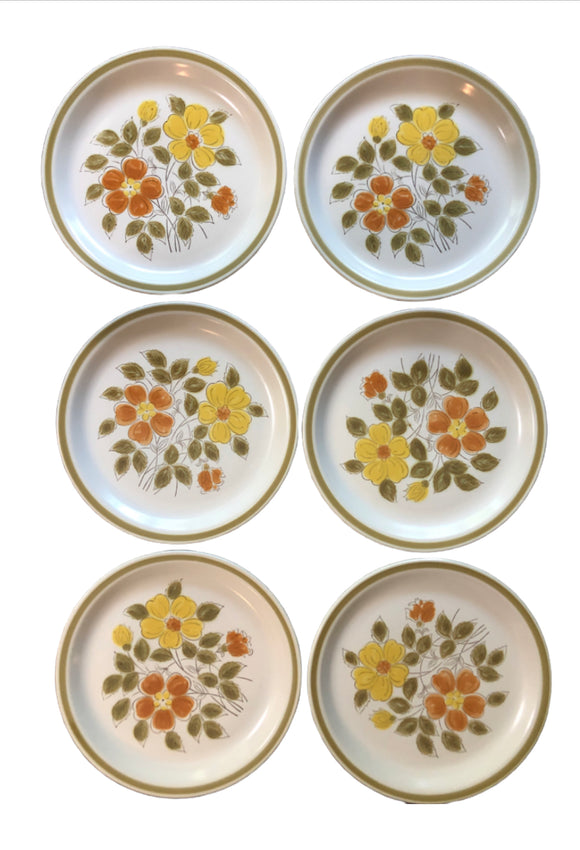 Vintage Home Decor - 70s Lot Of 6 Chunky Funky Boho Stoneware 10.5” Dinner Plates Wild Flowers Japan