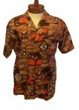 The Cabana - Label “Big Sur” Made In USA Vintage Hawaiian Aloha Camp Shirt Brown Orange Tribal Geometric Polyester 1970s