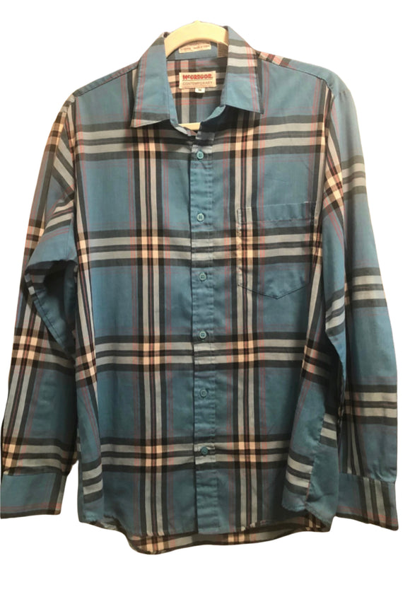 Vintage Clothing 80s Men's Long Sleeve Plaid Dress Shirt Medium Poly Cotton Blend McGregor Contemporary