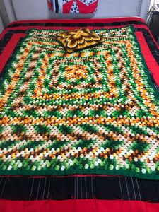 Authentic 1960’s Psychedelic Bohemian Knitted Afghan Quilted Throw 39” by 58.5” & Small Knitted Velvet Backed Psychedelic Throw Pillow Included!