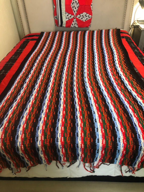 Vintage 70s Funky Boho Knitted Crocheted Afghan Great Colors 41” by 86” Approximately