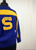 Vintage Clothing/Accessories - 1950s Varsity Sweater Size Small Pom Pom “S” Yellow Strip On Blue Tigers Spell Out On Back