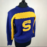 Vintage Clothing/Accessories - 1950s Varsity Sweater Size Small Pom Pom “S” Yellow Strip On Blue Tigers Spell Out On Back