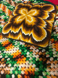 Authentic 1960’s Psychedelic Bohemian Knitted Afghan Quilted Throw 39” by 58.5” & Small Knitted Velvet Backed Psychedelic Throw Pillow Included!