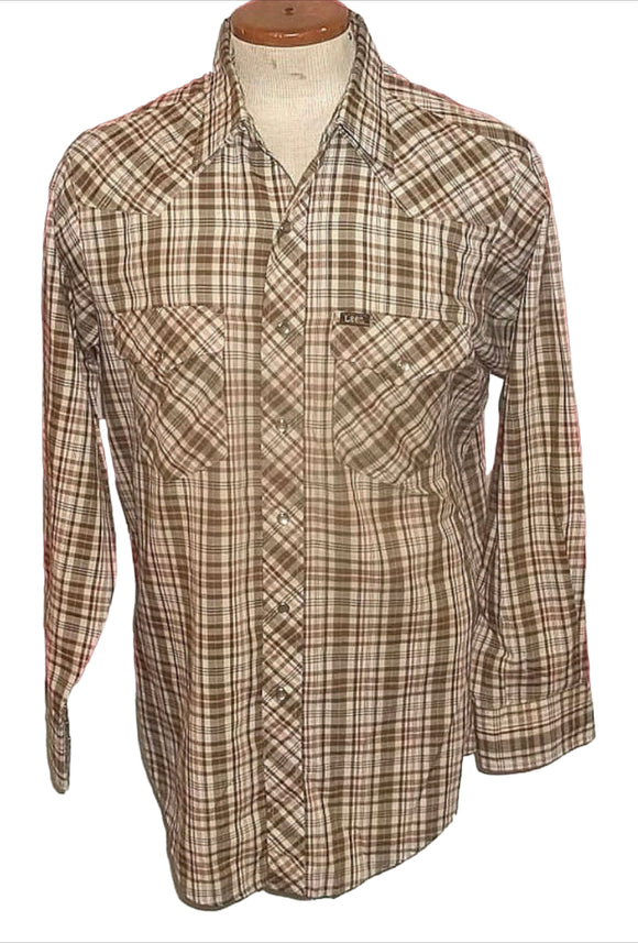 Vintage Clothing/Accessories - Vintage 70s Western Long Sleeve Pearl Snap Plaid Shirt Lee Made In USA Size M-L
