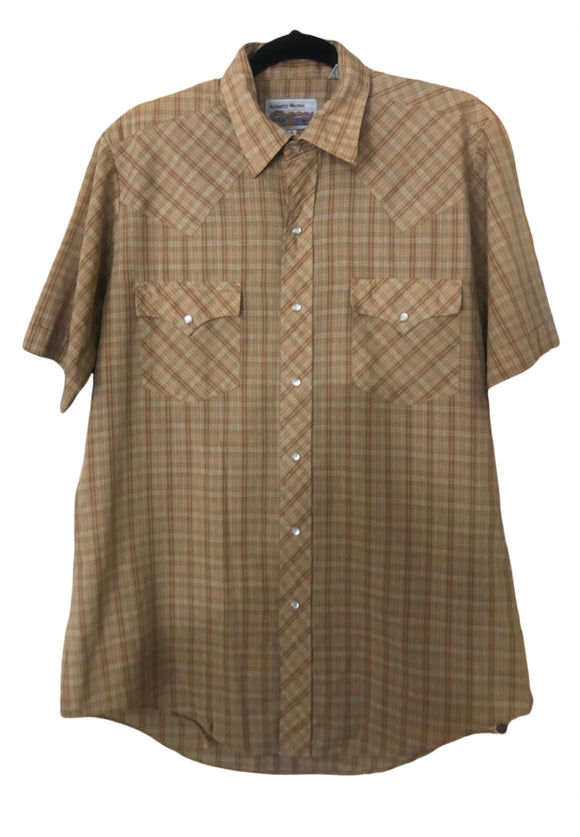 Vintage Clothing Men’s Short Sleeve Plaid Pearl Snap “Authentic Western” Brand Size Medium To Large Cotton Poly Shirt